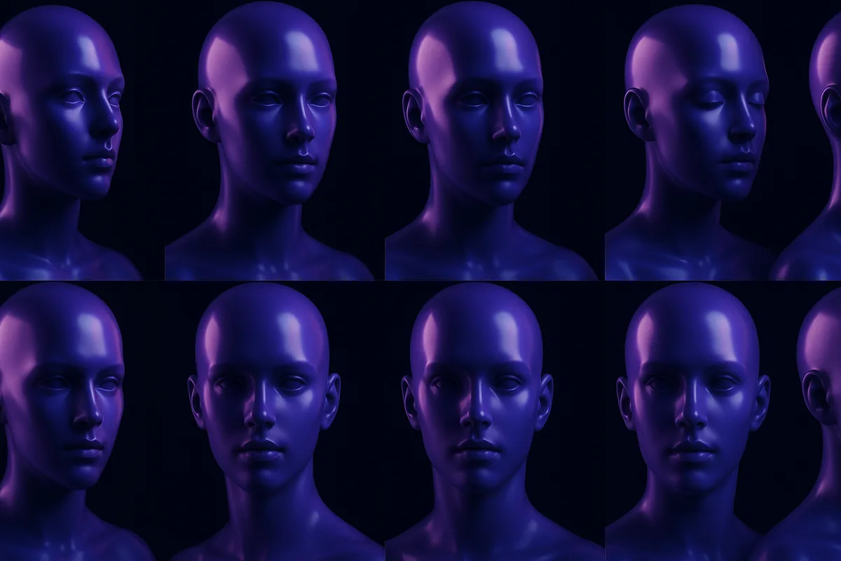 One consistent AI influencer face repeated across a grid of poses, showing ai influencer consistency