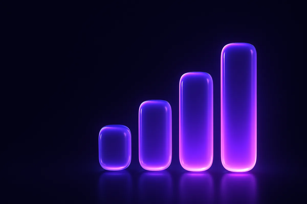 AI influencer income growth chart, glowing violet bars trending upward on a dark background