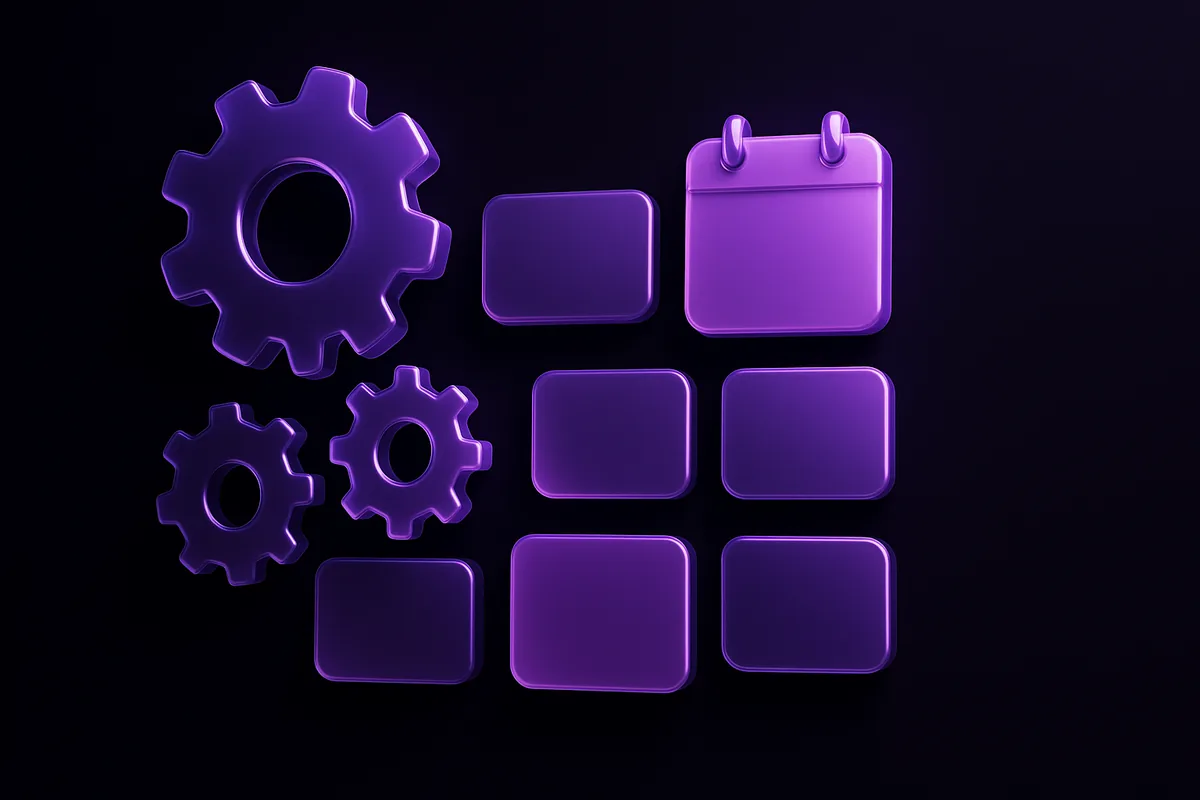 Glossy violet gears and calendar tiles arranging into a content schedule, representing AI influencer post automation