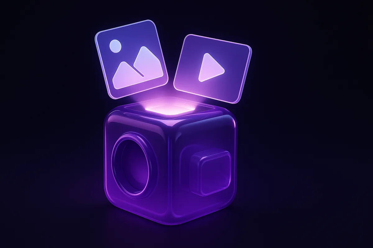 Glossy violet content-generation engine emitting image and video light tiles, representing the best AI content generator for influencers