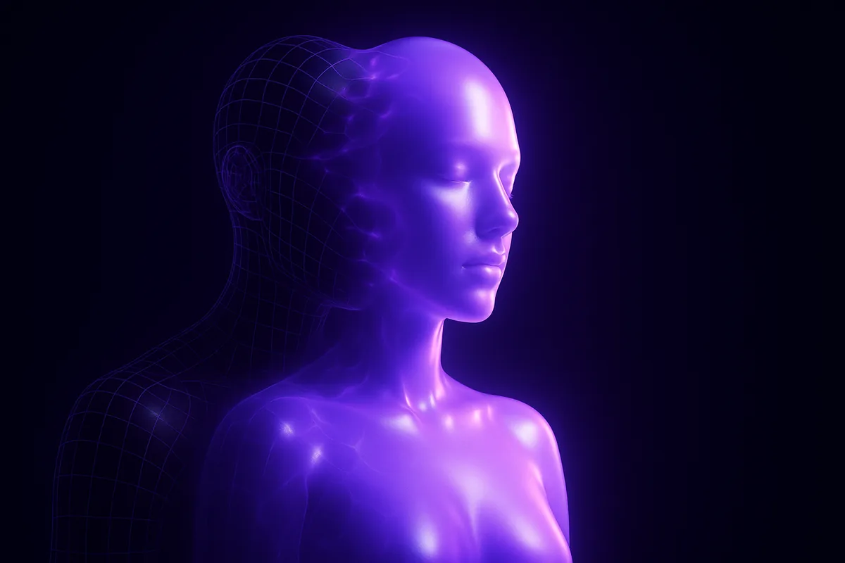 A virtual influencer character forming from violet wireframe into photoreal detail, representing the build process