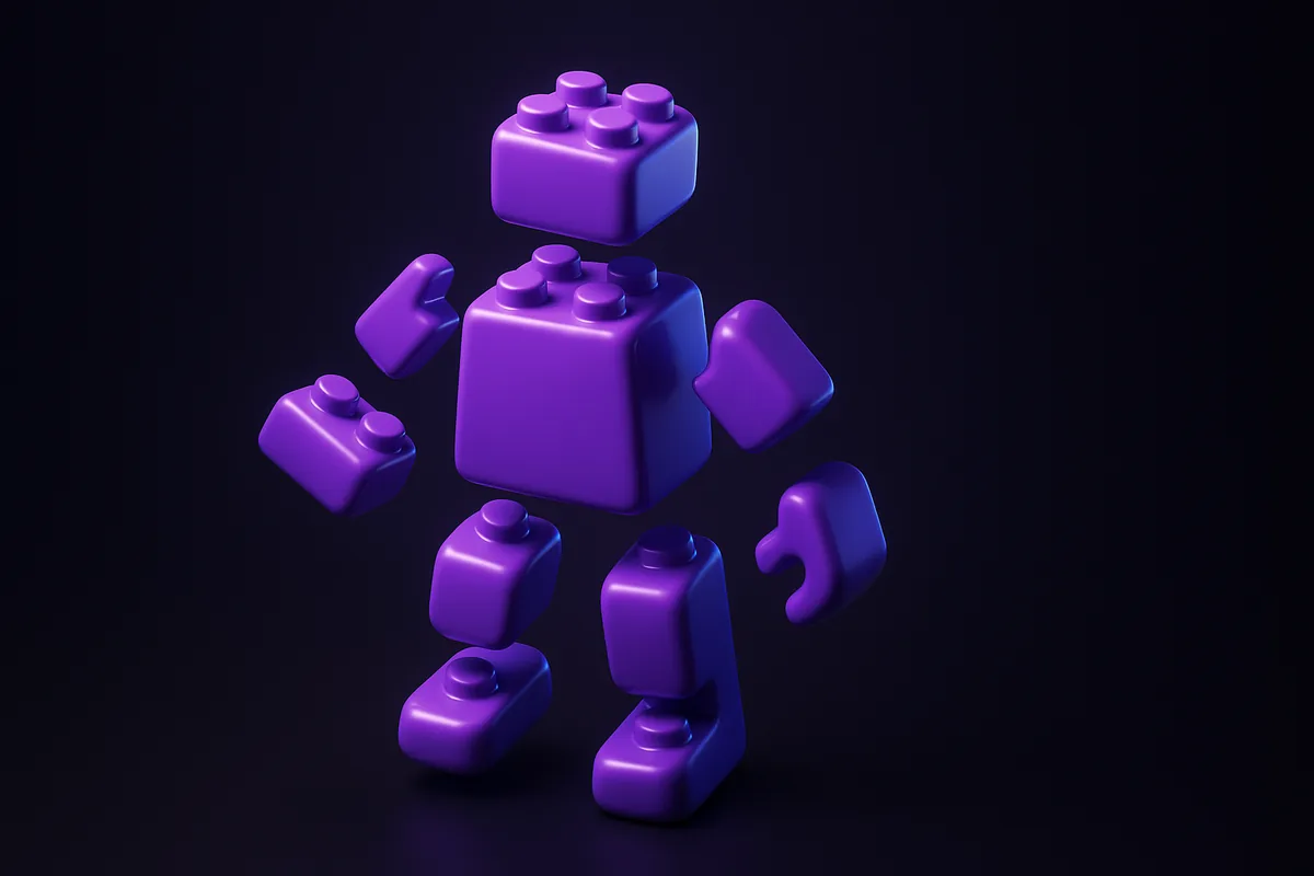 Glossy violet building blocks assembling into an AI character with no tools required, representing no-code AI influencer creation