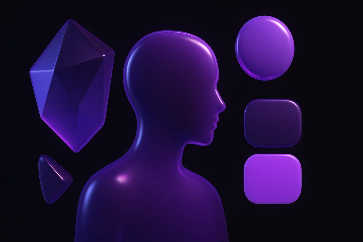 Glossy violet AI character silhouette surrounded by design facets and palette swatches
