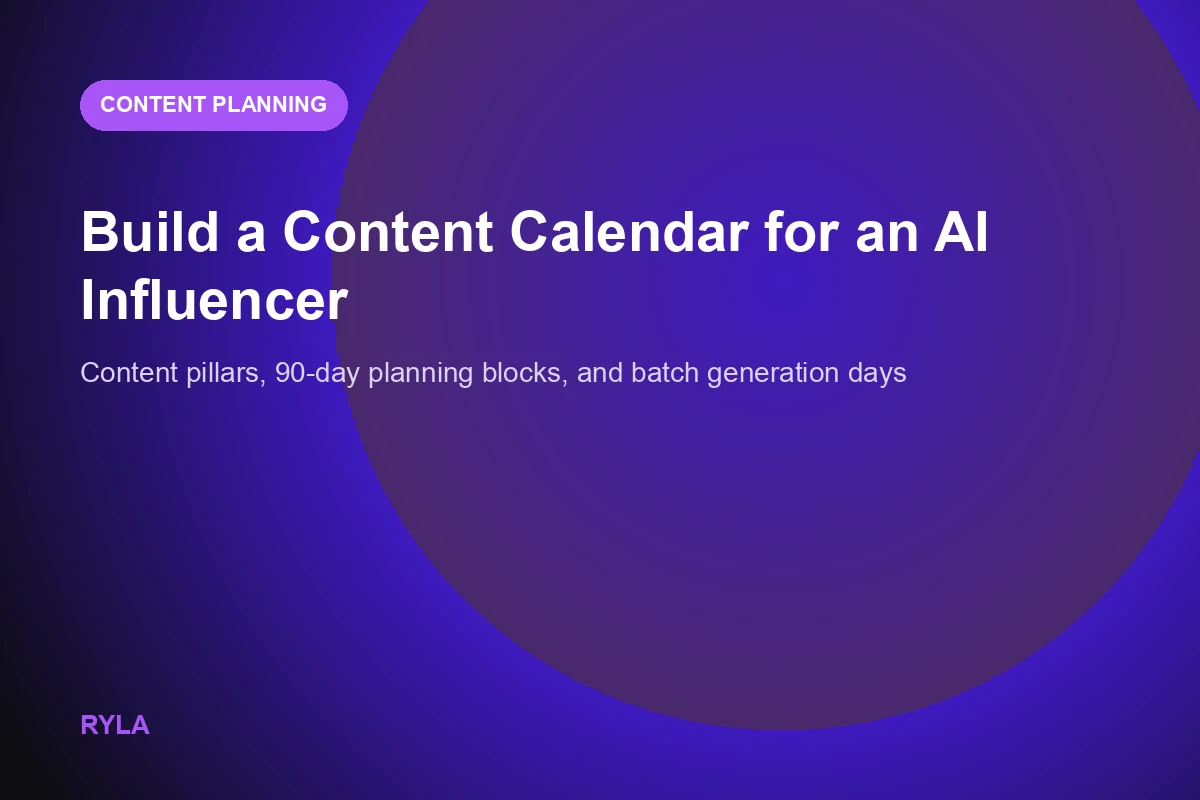 A quarterly content calendar grid for an AI influencer showing content pillars and a batch generation day