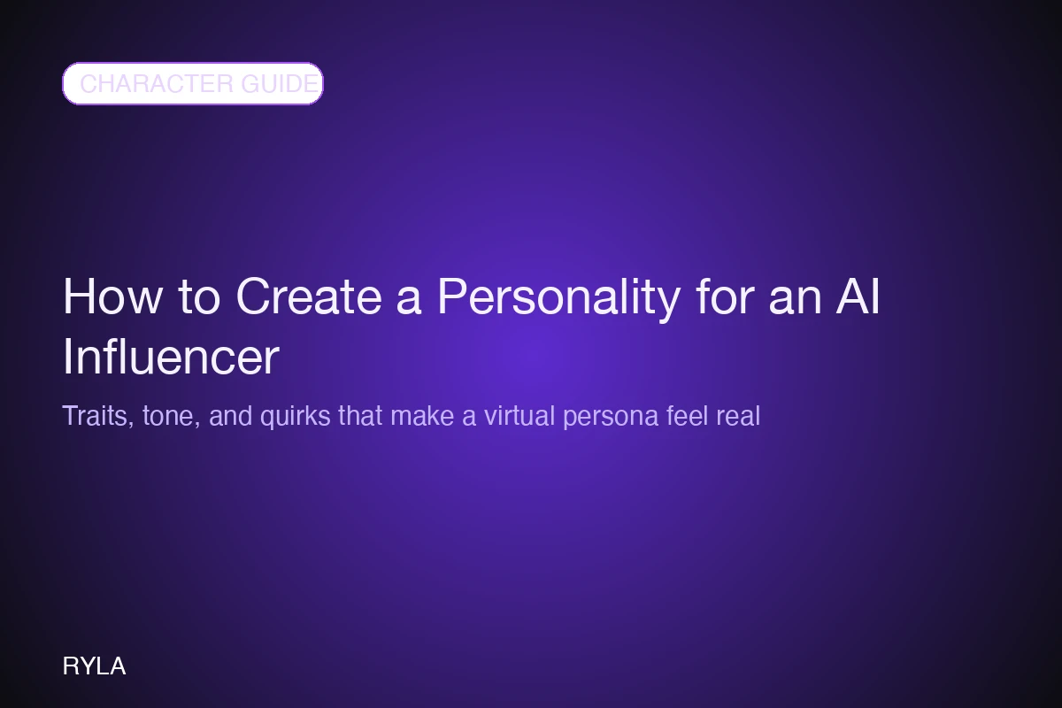 A character bible layout showing core values, niche focus, and communication style for an AI influencer