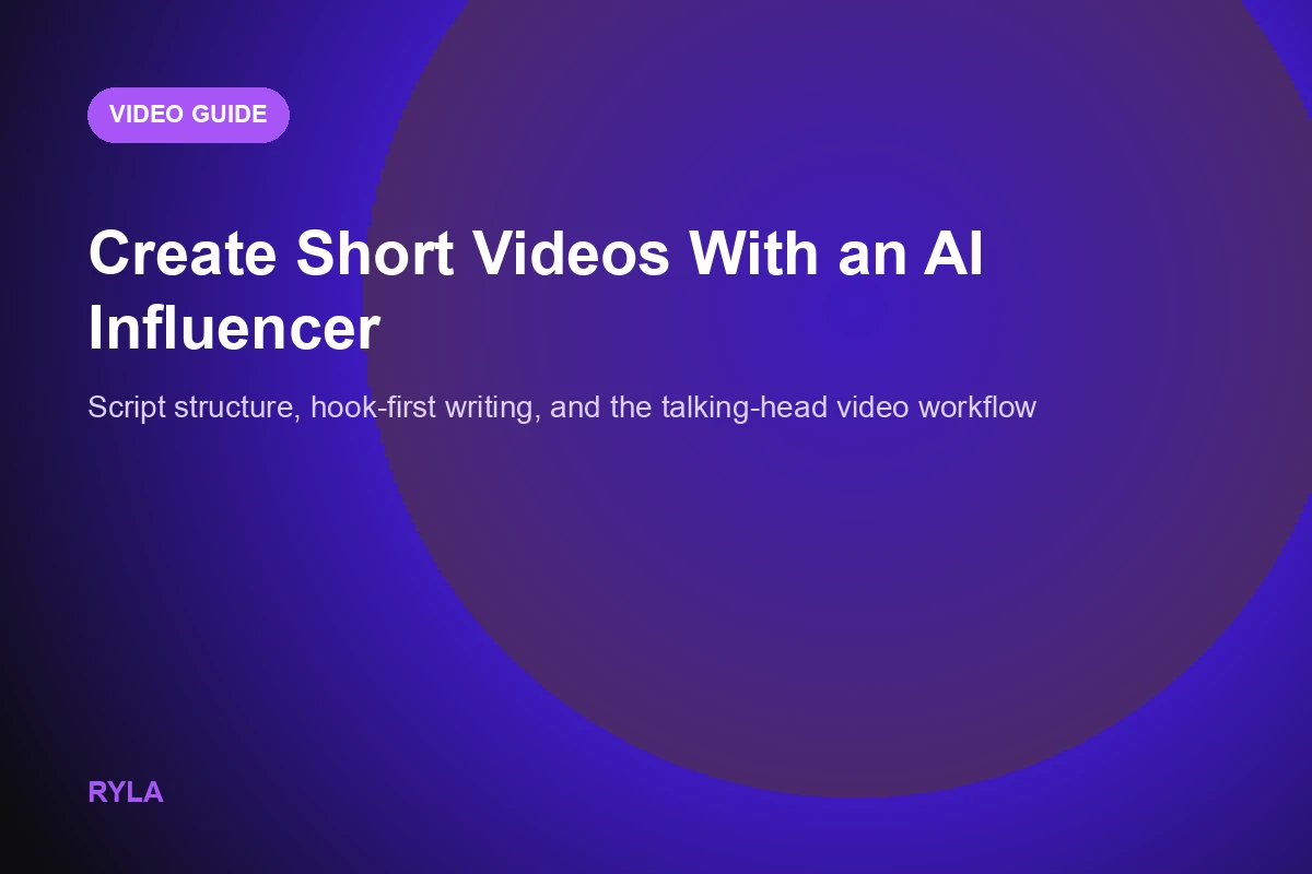 A short-form video script structure showing hook, body, and call-to-action next to a talking-head AI influencer frame