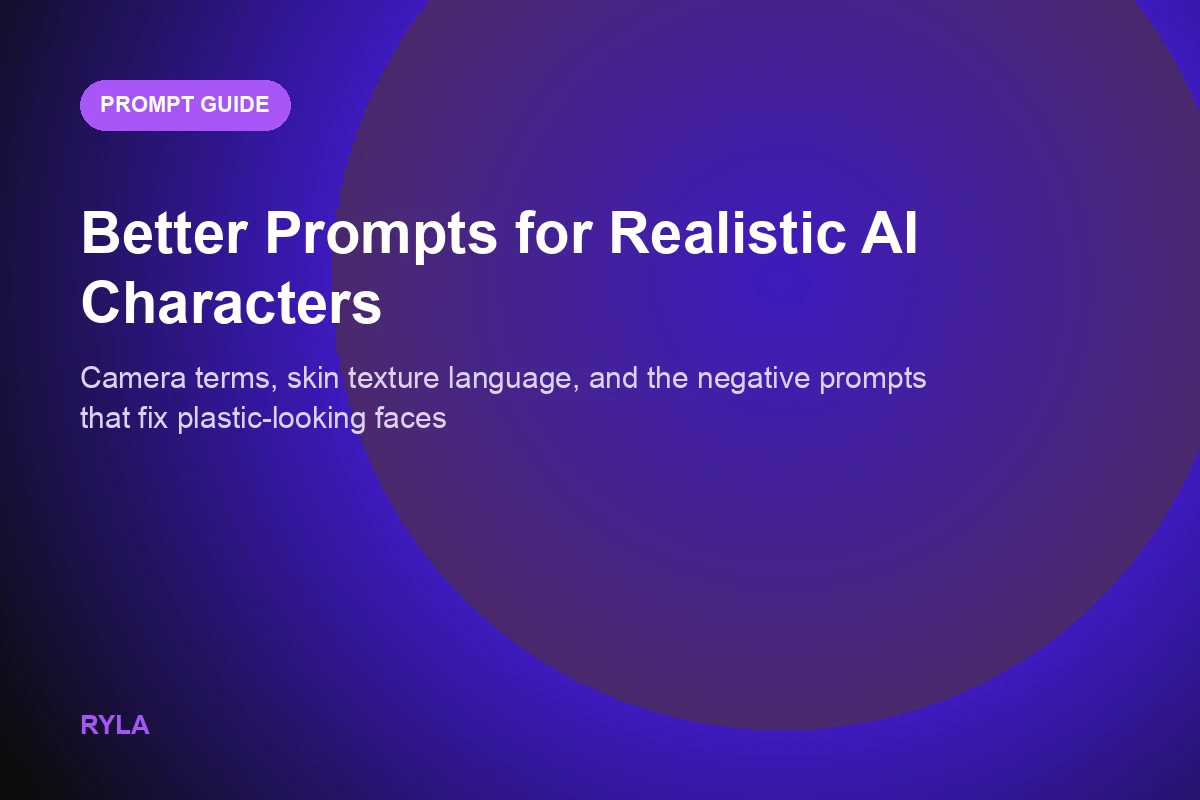 A layered prompt structure diagram showing subject, camera, lighting, and skin texture terms for a realistic AI character
