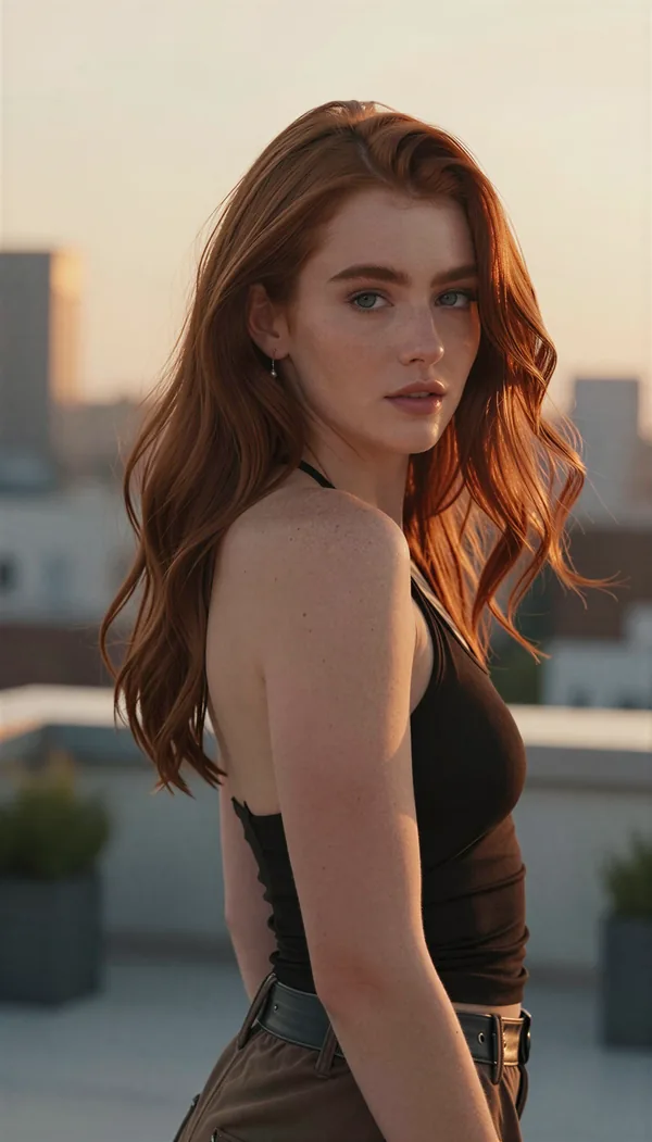 AI influencer reel still doing a hair flip on a rooftop, posted to YouTube