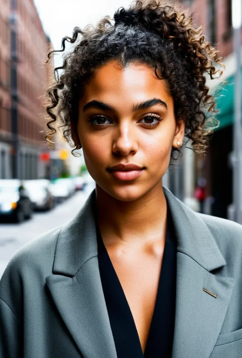 Curly-haired AI creator, on a city street in a blazer, generated with RYLA
