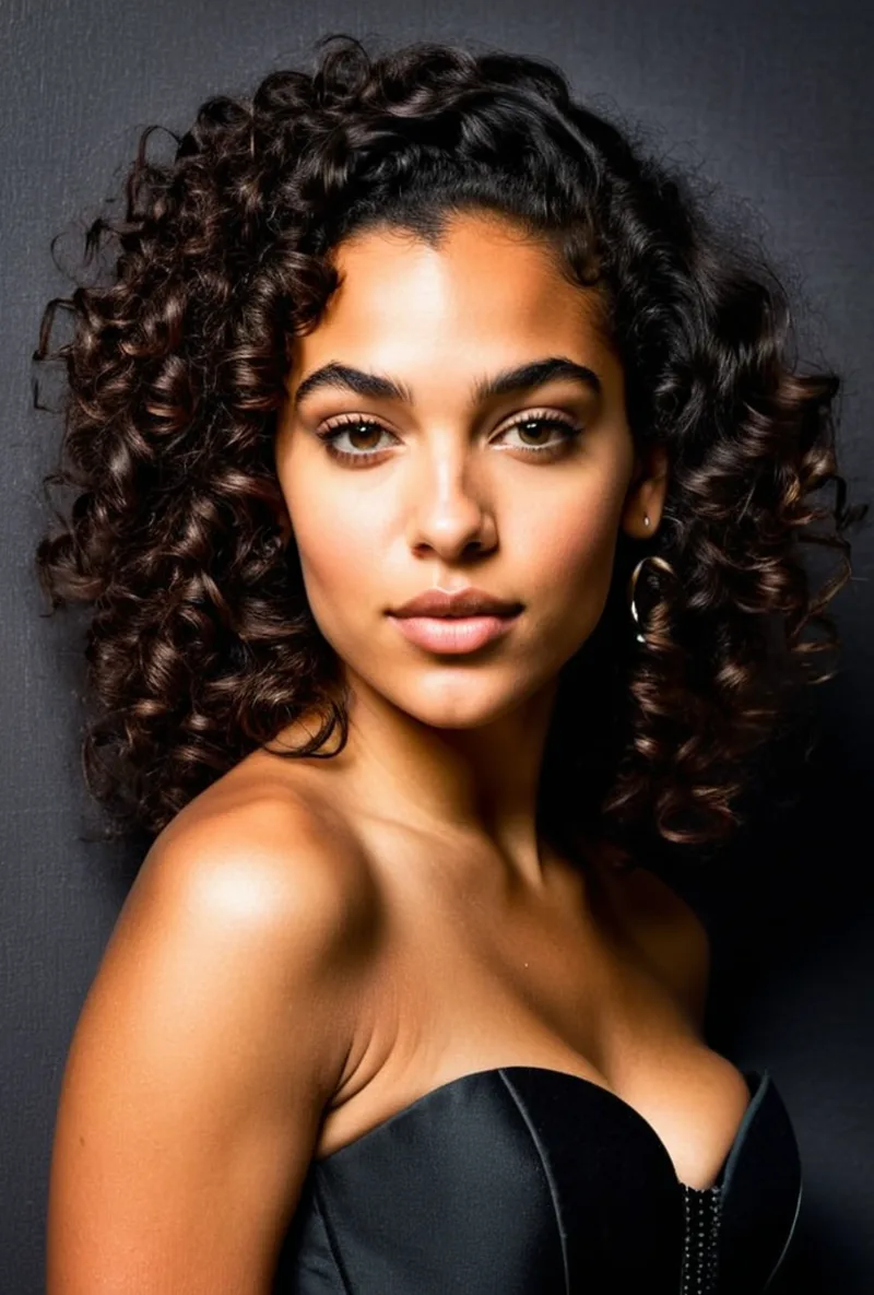 Curly-haired AI creator, an editorial studio portrait, generated with RYLA