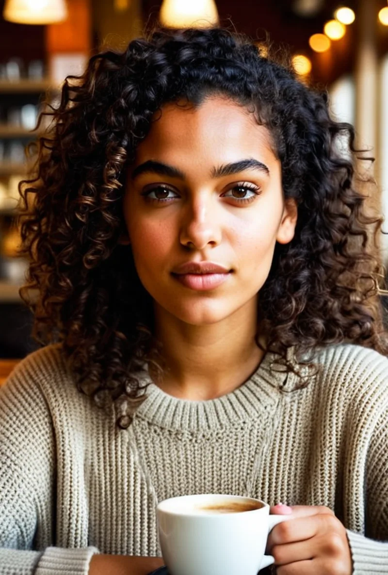 Curly-haired AI creator, in a cafe with a coffee, generated with RYLA