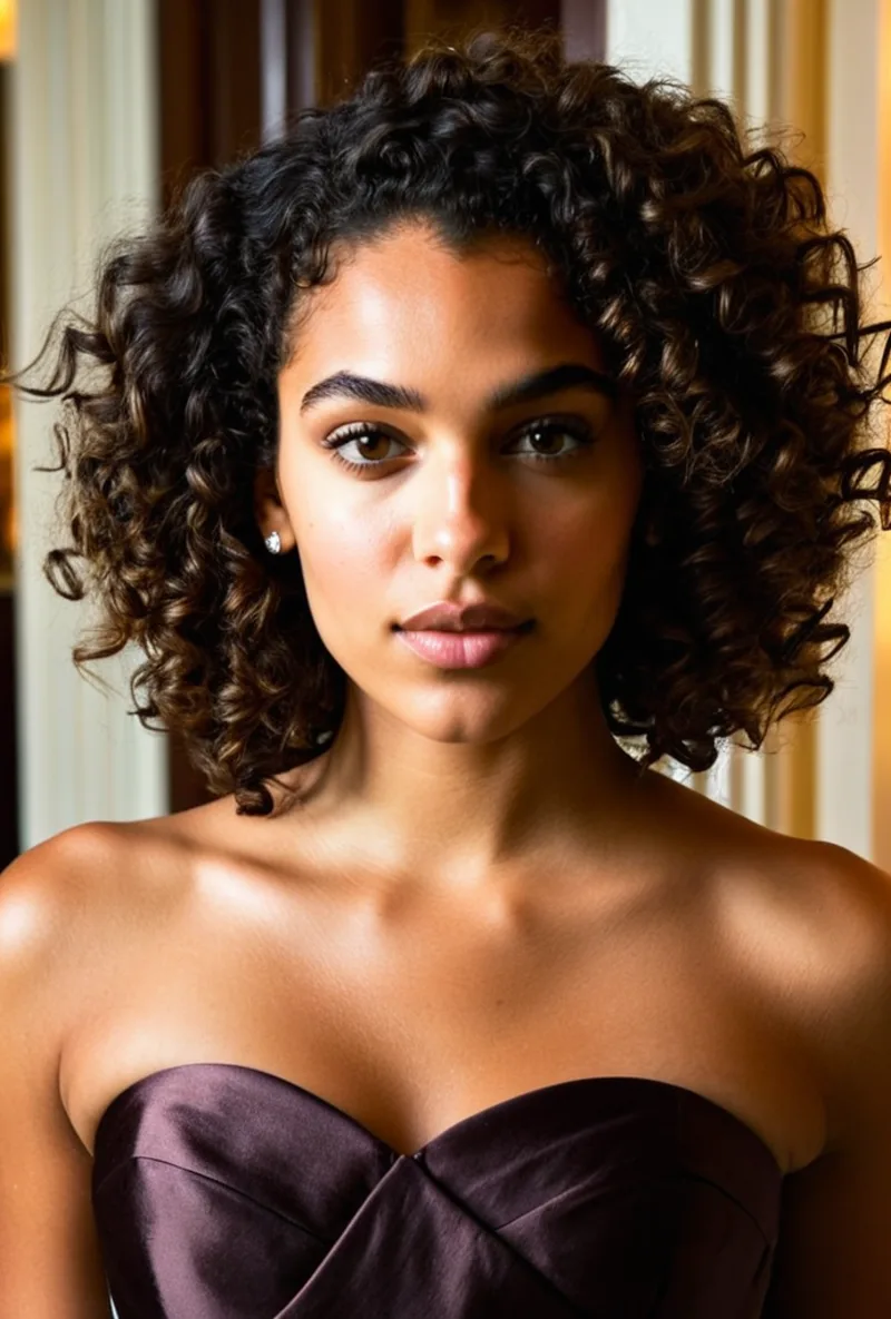 Curly-haired AI creator, in a luxury interior in evening wear, generated with RYLA