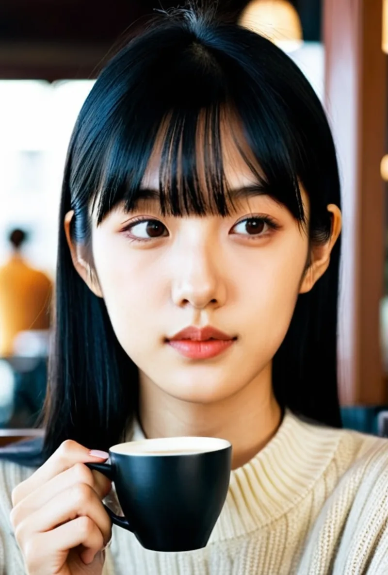 Asian AI creator, in a cafe with a coffee, generated with RYLA