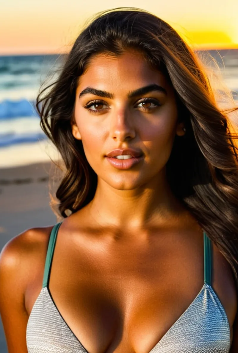 Latina AI creator, on the beach at golden hour, generated with RYLA