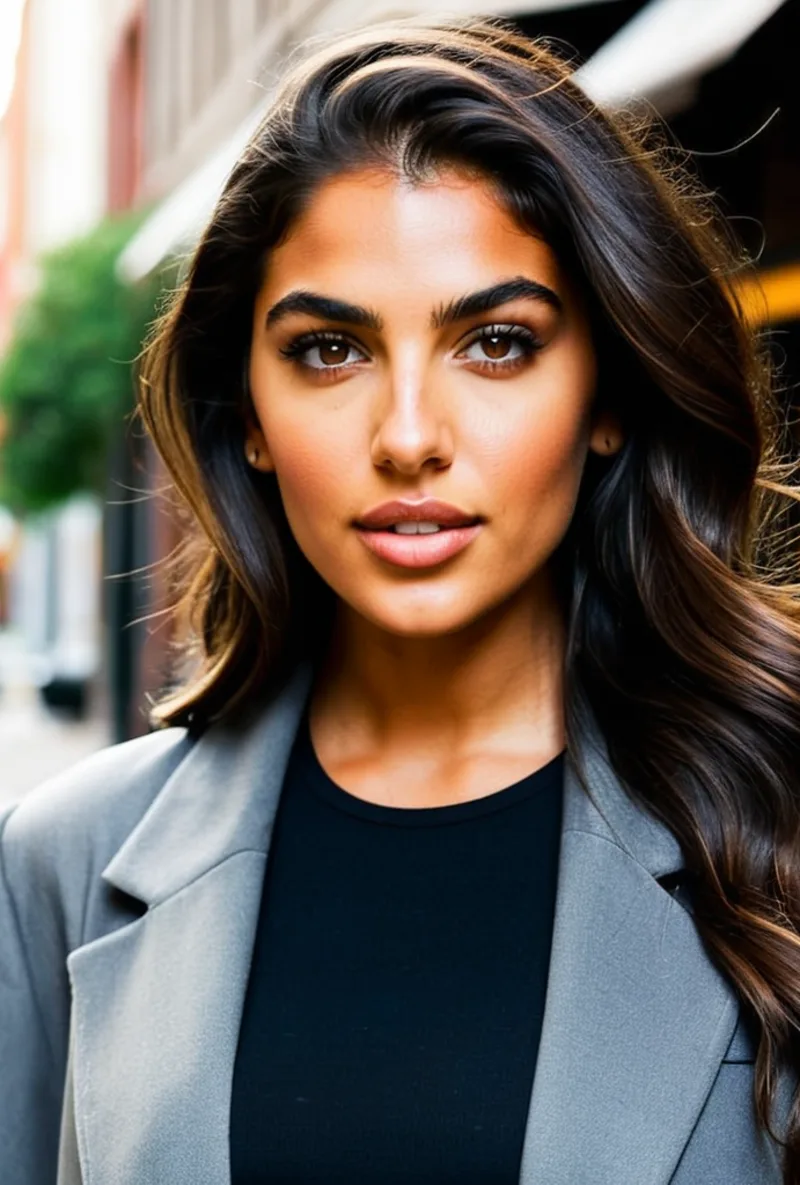 Latina AI creator, on a city street in a blazer, generated with RYLA
