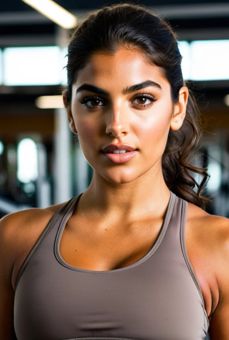 Latina AI creator, training in the gym, generated with RYLA