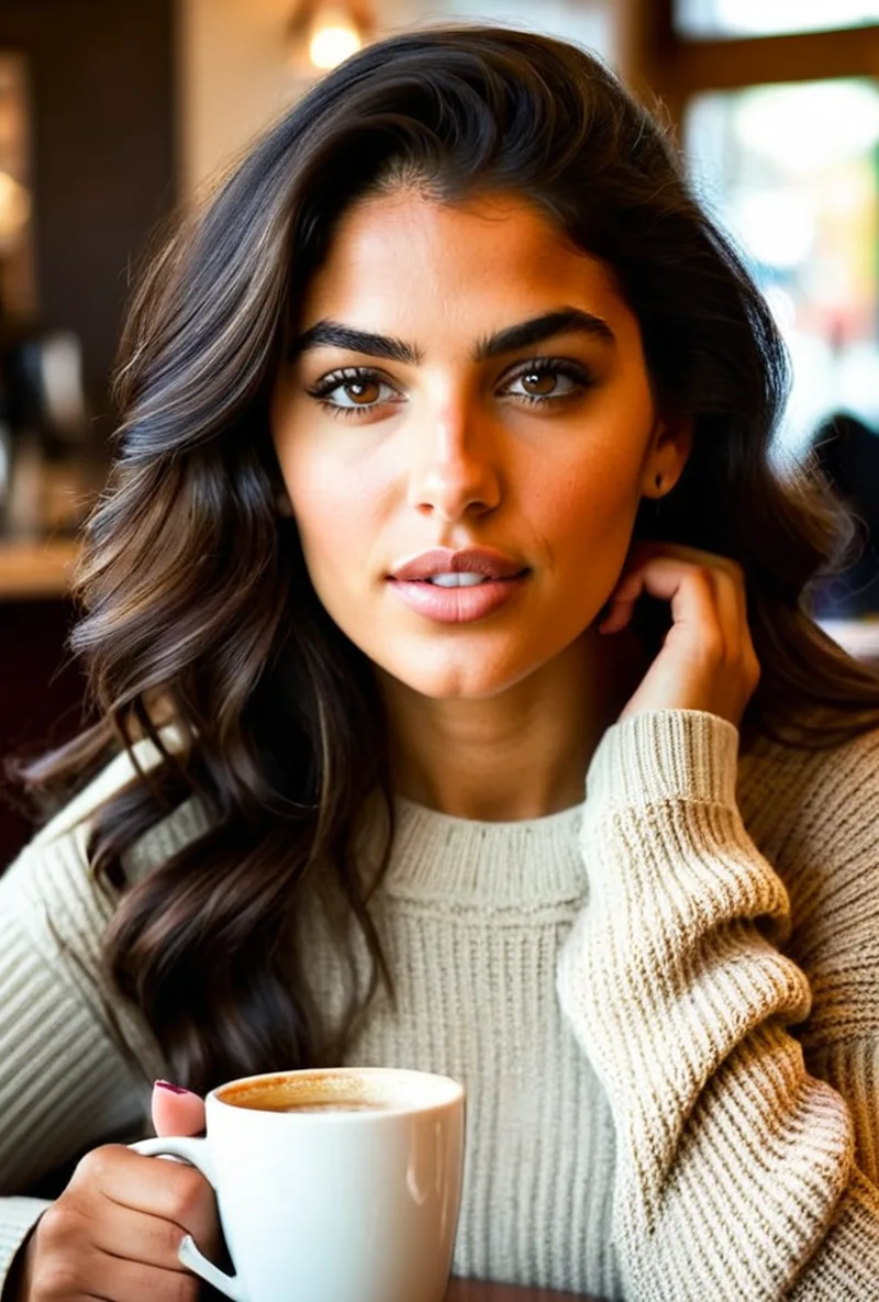Latina AI creator, in a cafe with a coffee, generated with RYLA