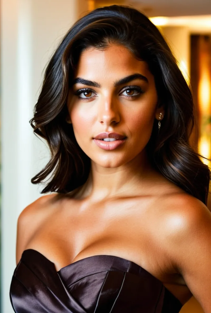 Latina AI creator, in a luxury interior in evening wear, generated with RYLA
