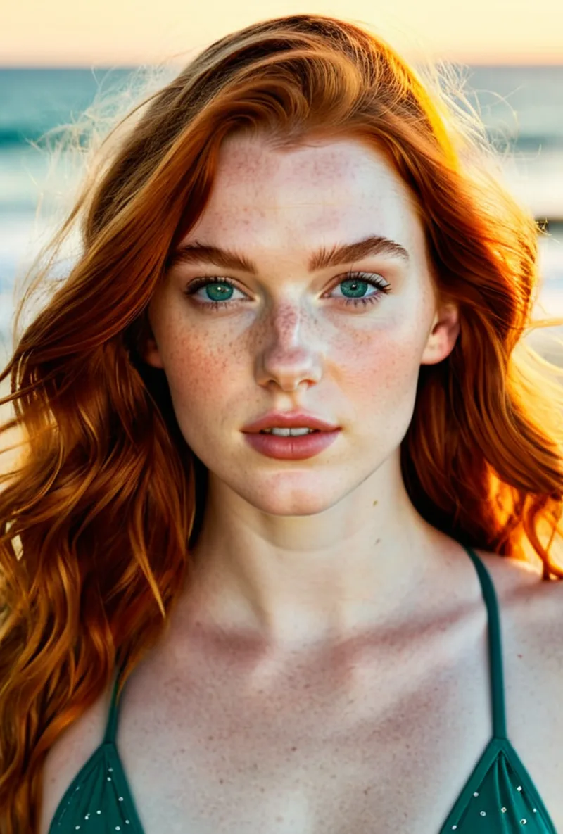 Red-haired AI creator, on the beach at golden hour, generated with RYLA