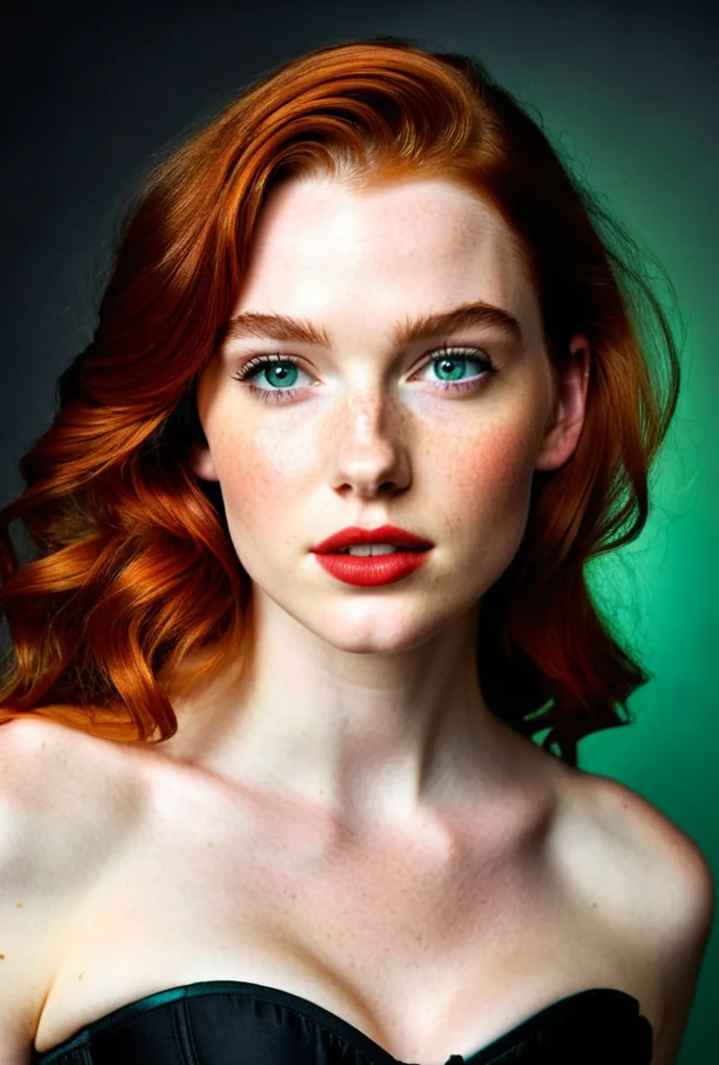 Red-haired AI creator, an editorial studio portrait, generated with RYLA