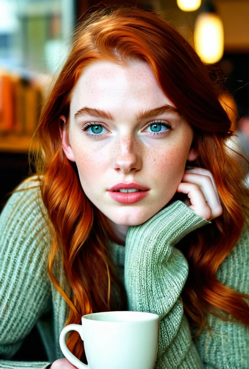 Red-haired AI creator, in a cafe with a coffee, generated with RYLA