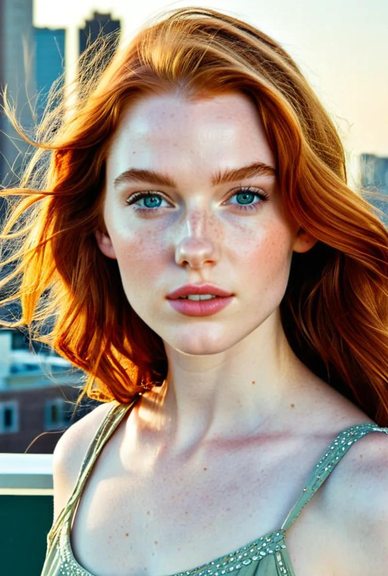 Red-haired AI creator, on a rooftop above the skyline, generated with RYLA
