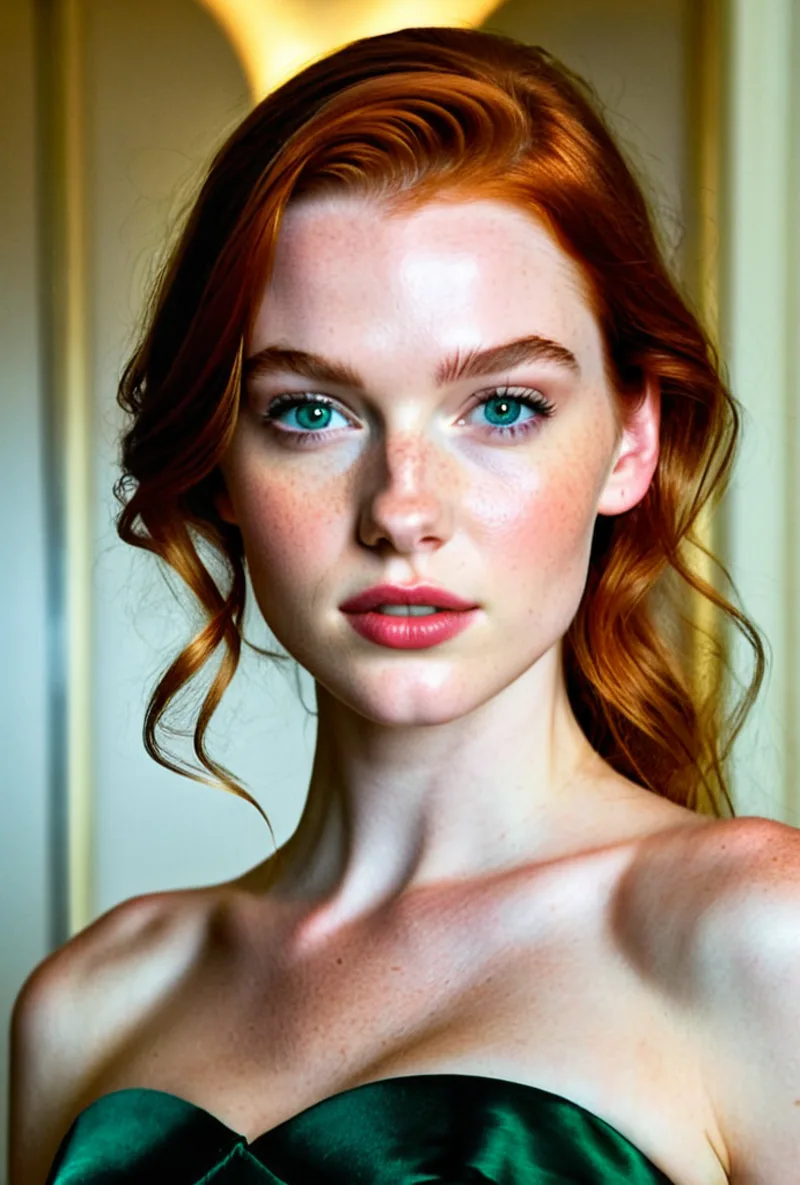 Red-haired AI creator, in a luxury interior in evening wear, generated with RYLA
