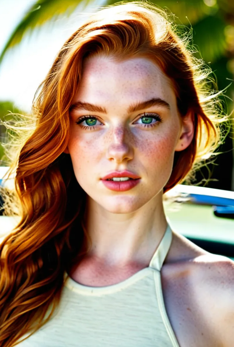 Red-haired AI creator, in tropical daylight under palms, generated with RYLA
